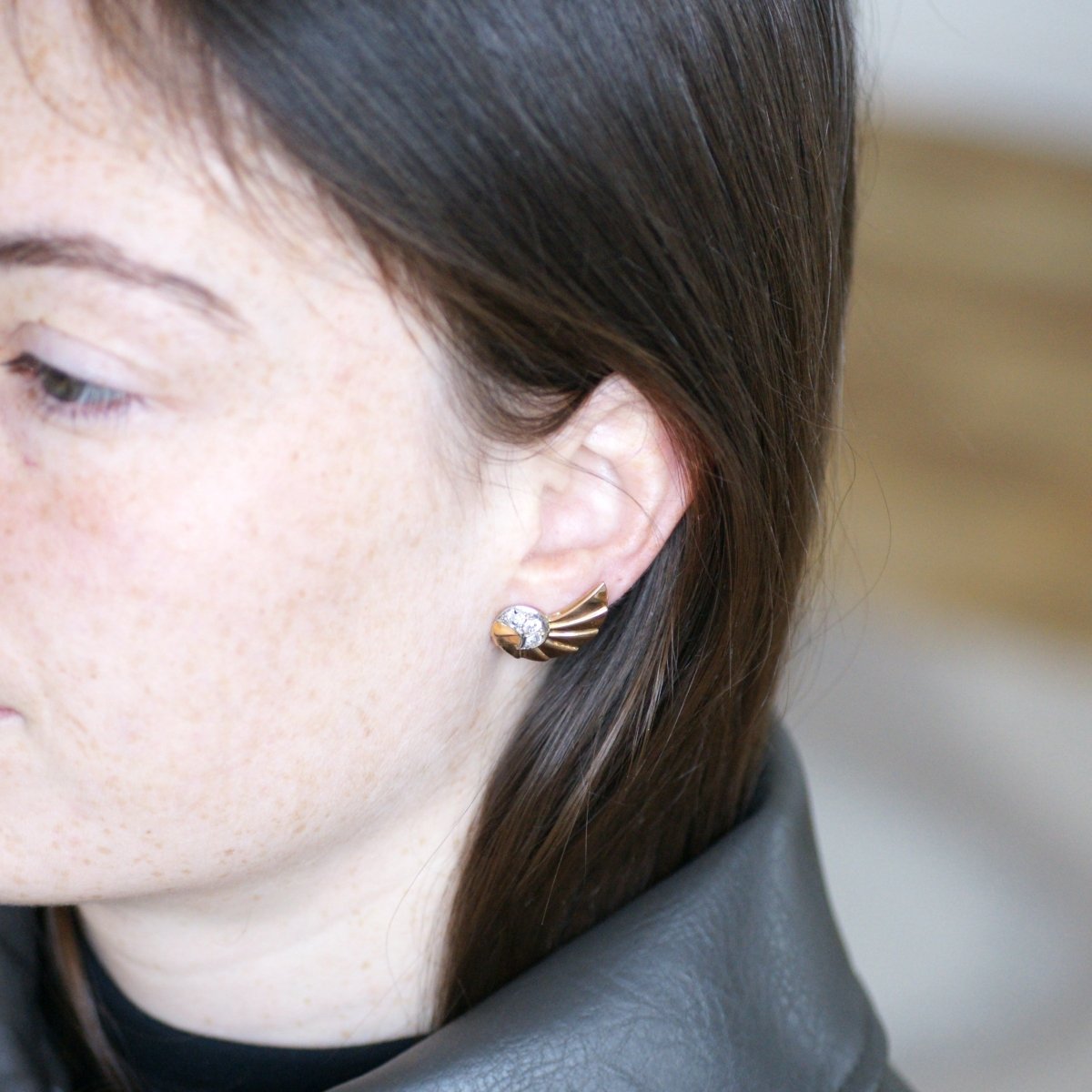 Boucles d'oreilles Puces en or rose, platine et diamants - Castafiore