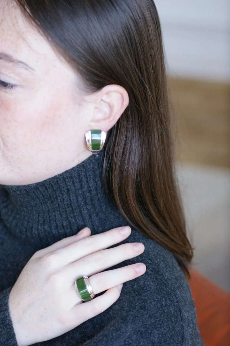 Boucles d'Oreilles Puiforcat par André Vassort Jade sur Or et Argent - Castafiore