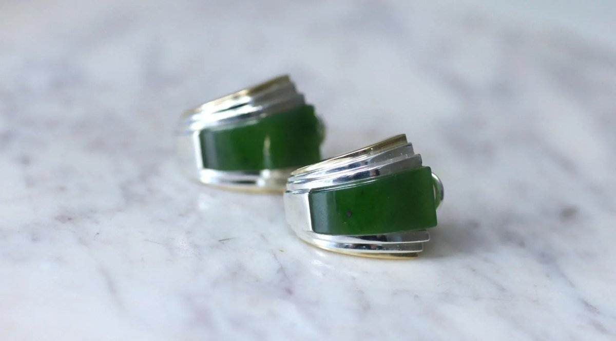 Boucles d'Oreilles Puiforcat par André Vassort Jade sur Or et Argent - Castafiore