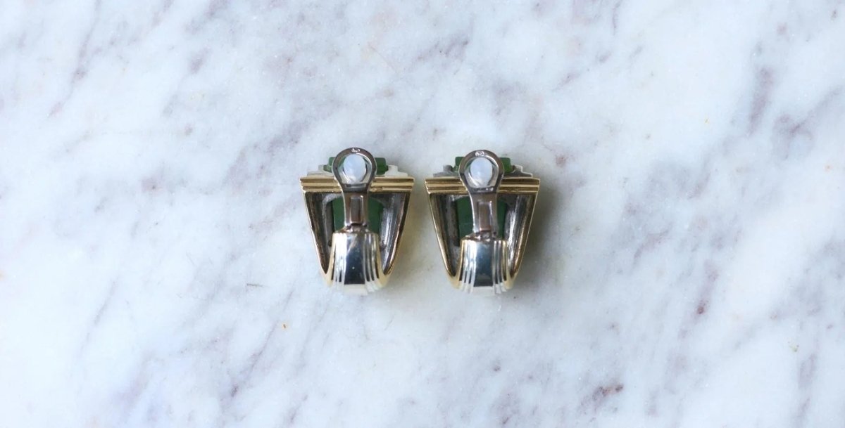 Boucles d'Oreilles Puiforcat par André Vassort Jade sur Or et Argent - Castafiore