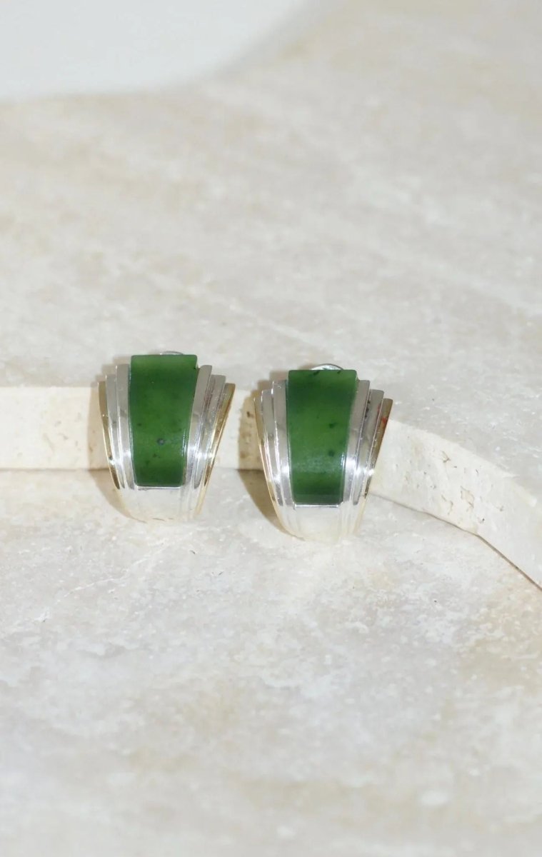 Boucles d'Oreilles Puiforcat par André Vassort Jade sur Or et Argent - Castafiore