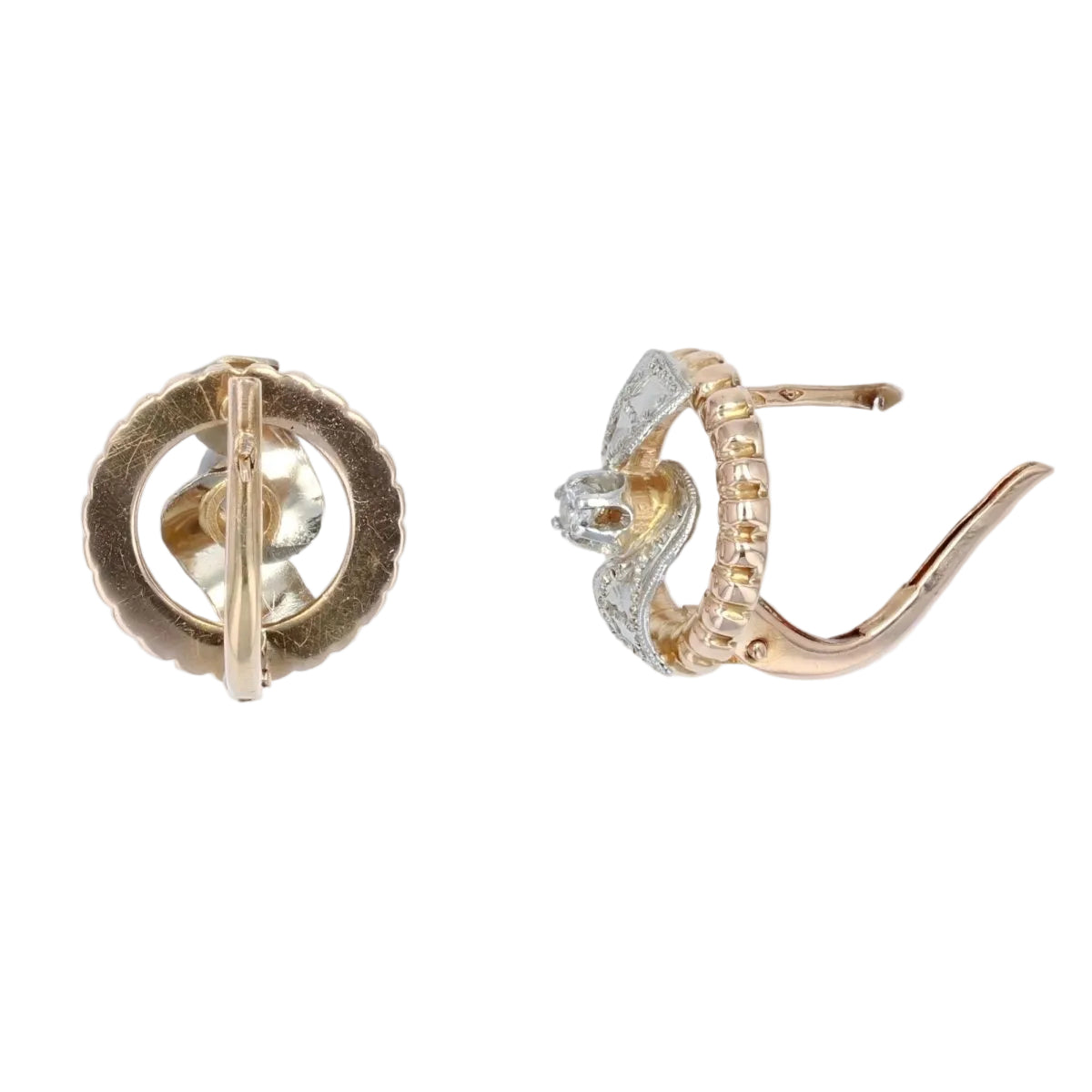 Boucles d'oreilles RÉTRO Anciennes en or rose et blanc avec diamants - Castafiore