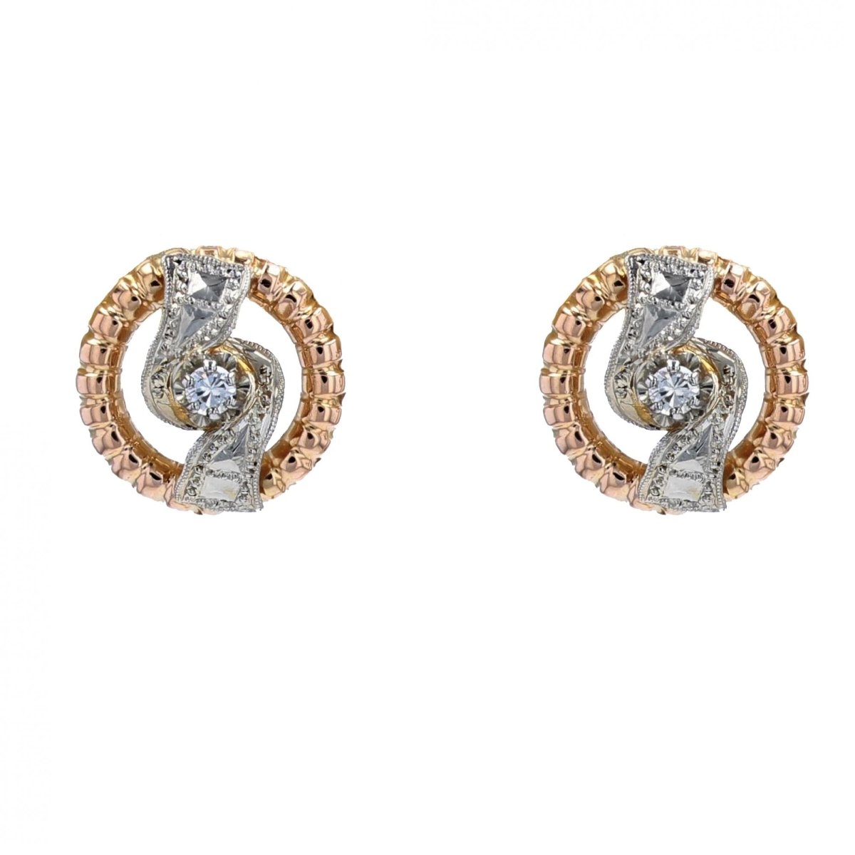 Boucles d'oreilles RÉTRO Anciennes en or rose et blanc avec diamants - Castafiore