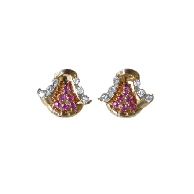 Boucles d'Oreilles Rétro Or Rose, rubis, et diamants - Castafiore