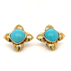 Boucles d'oreilles rétro Turquoise et Fleur d'or - Castafiore