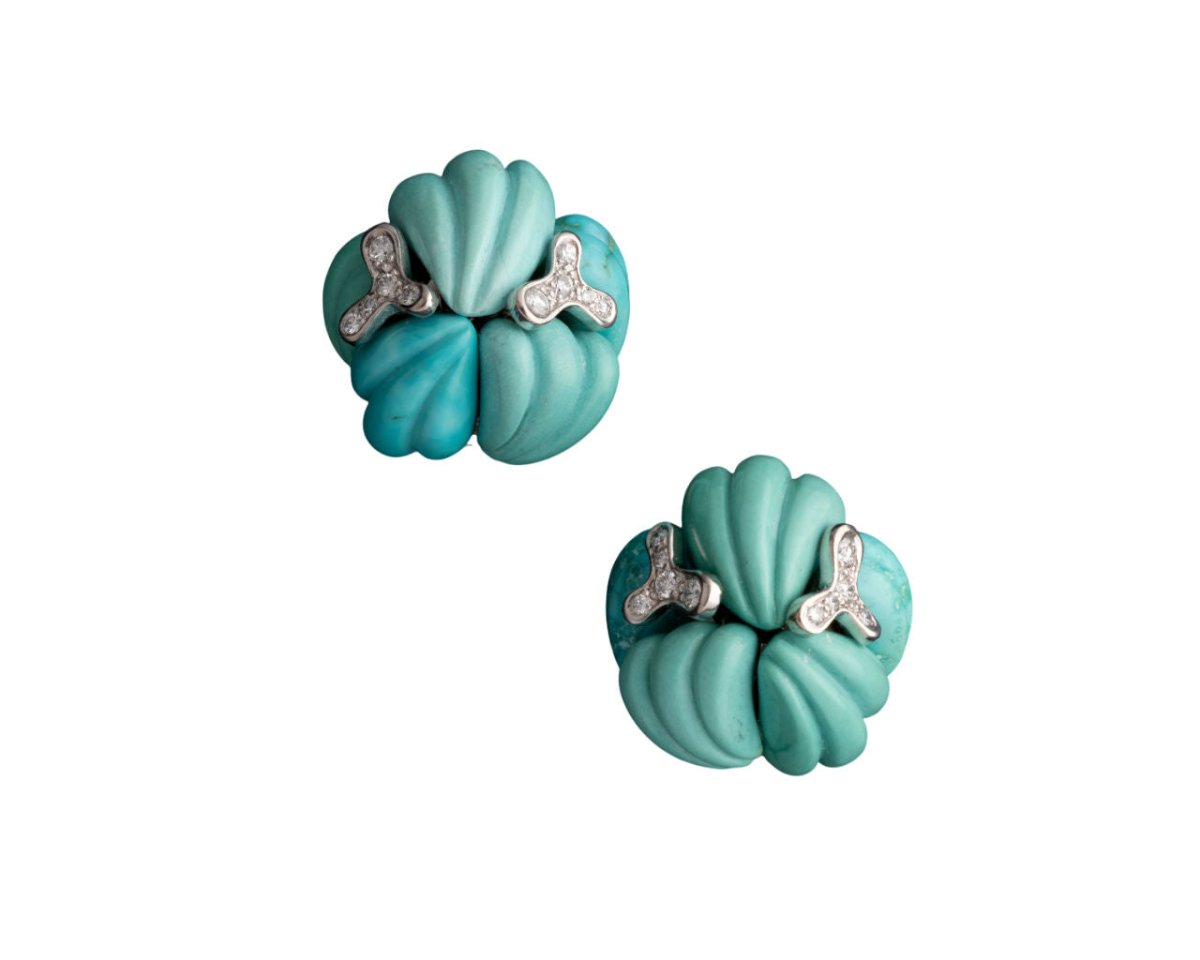 Boucles d'oreilles STERLE en or jaune, turquoises et diamants - Castafiore