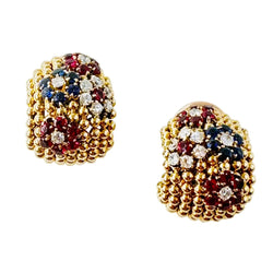 Boucles d'oreilles VAN CLEEF & ARPELS "Couscous Bagatelle" en or jaune, saphirs, rubis et diamants - Castafiore
