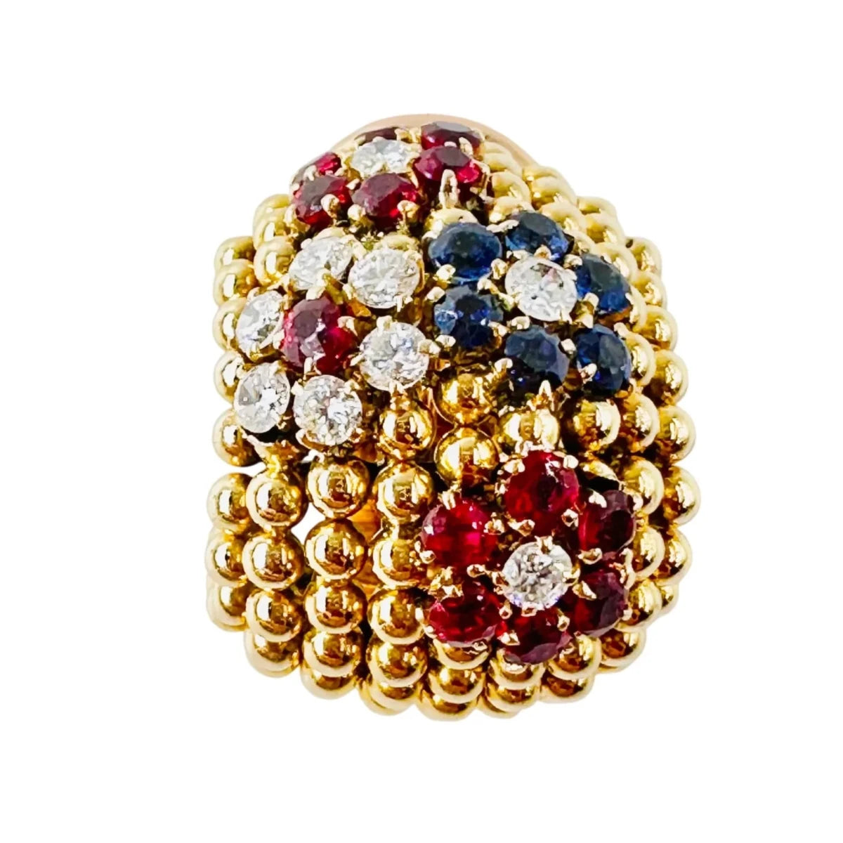 Boucles d'oreilles VAN CLEEF & ARPELS "Couscous Bagatelle" en or jaune, saphirs, rubis et diamants - Castafiore