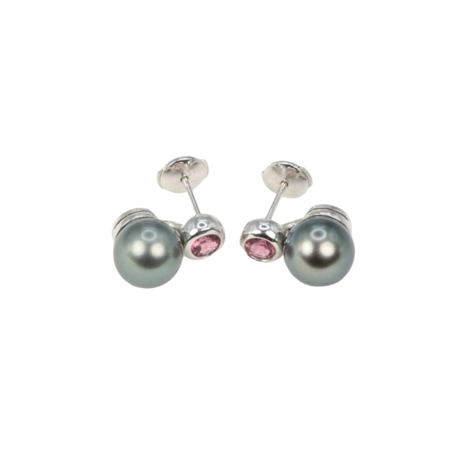 Boucles d’oreilles vintage en or, perles de Tahiti et tourmalines roses - Castafiore