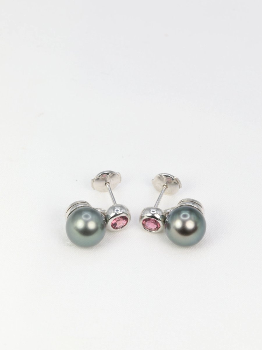 Boucles d’oreilles vintage en or, perles de Tahiti et tourmalines roses - Castafiore