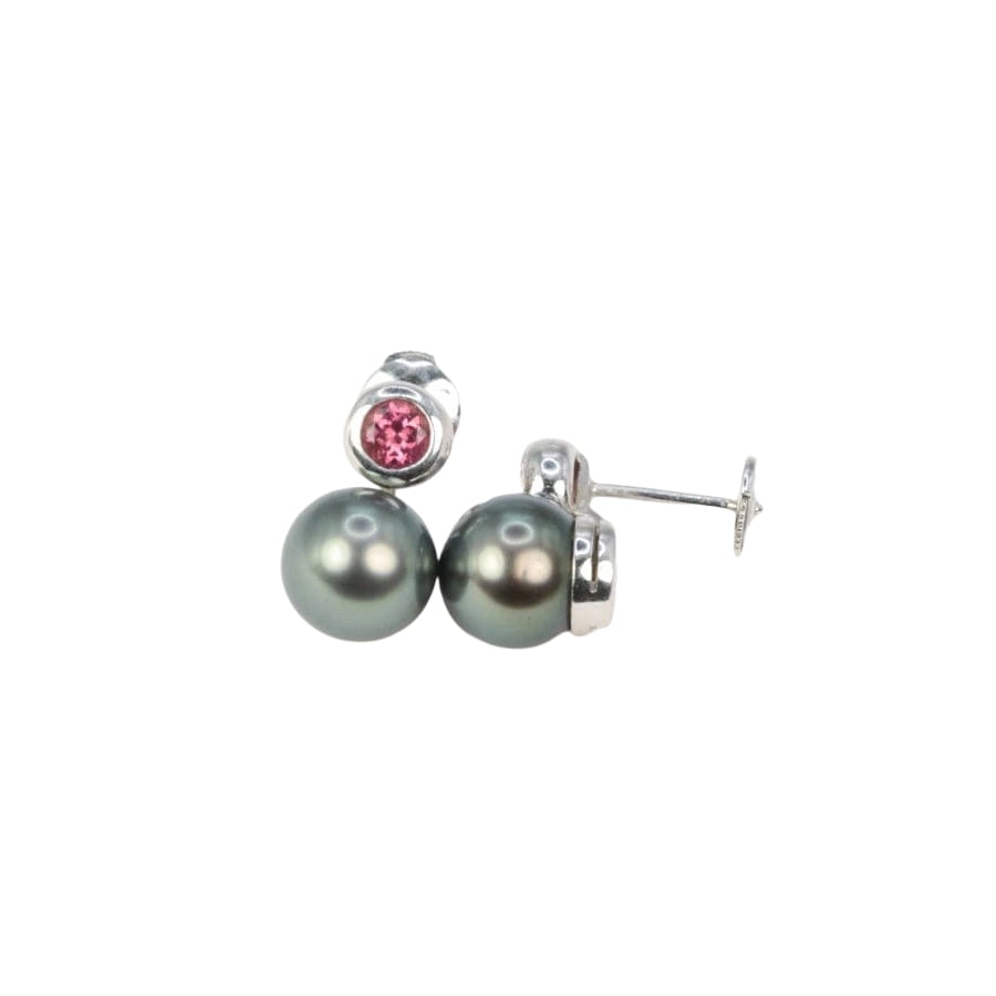 Boucles d’oreilles vintage en or, perles de Tahiti et tourmalines roses - Castafiore
