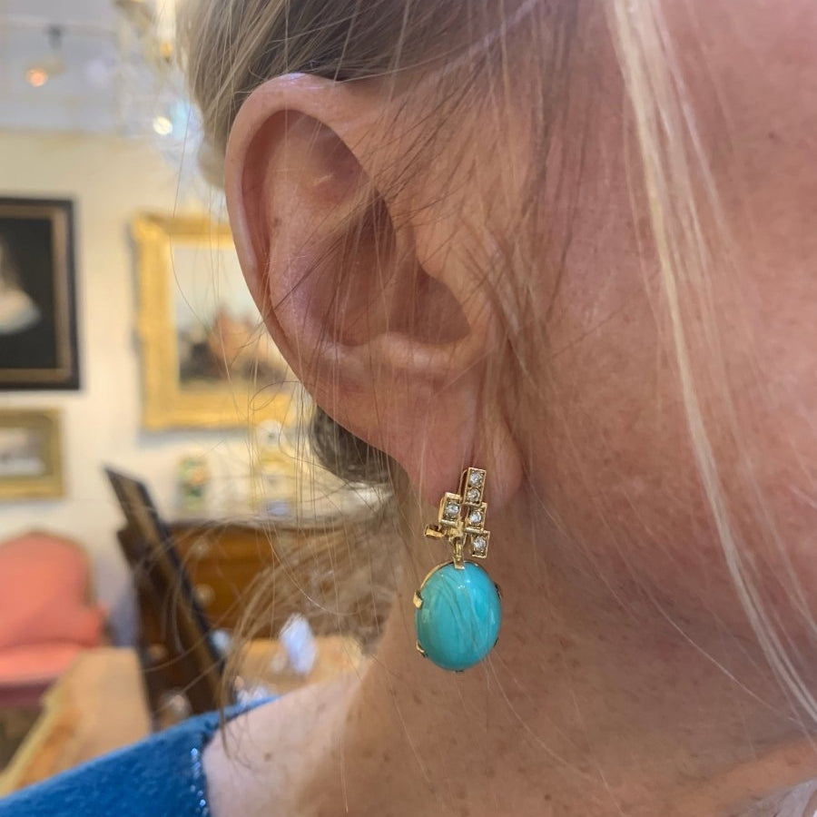 Boucles d'oreilles VINTAGE Pendants en or jaune et turquoises - Castafiore