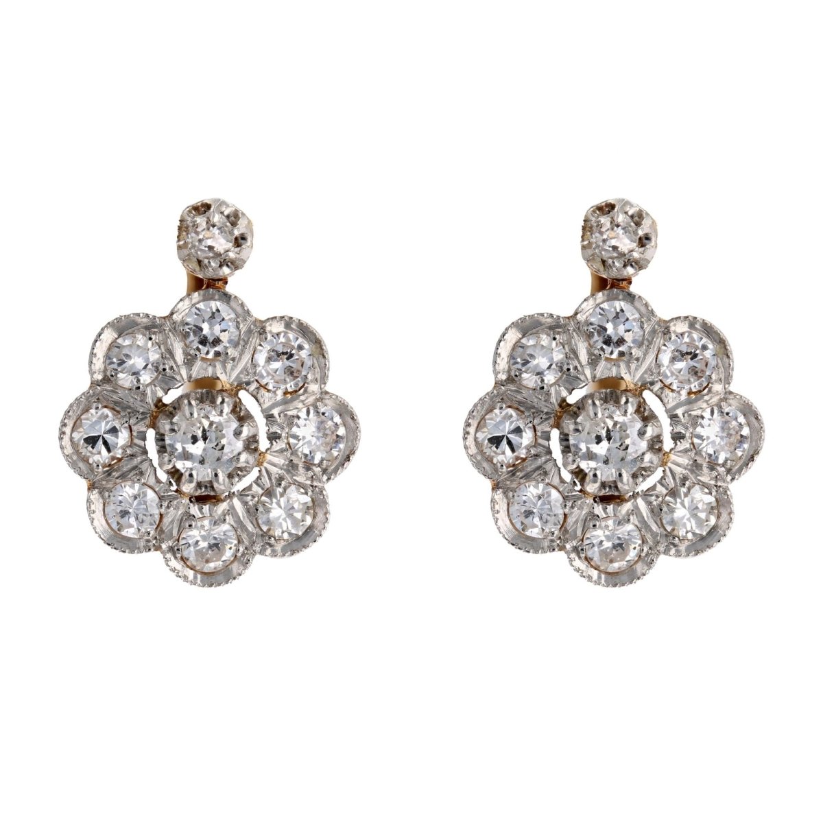 Boucles d'oreillles anciennes fleurs de diamants - Castafiore