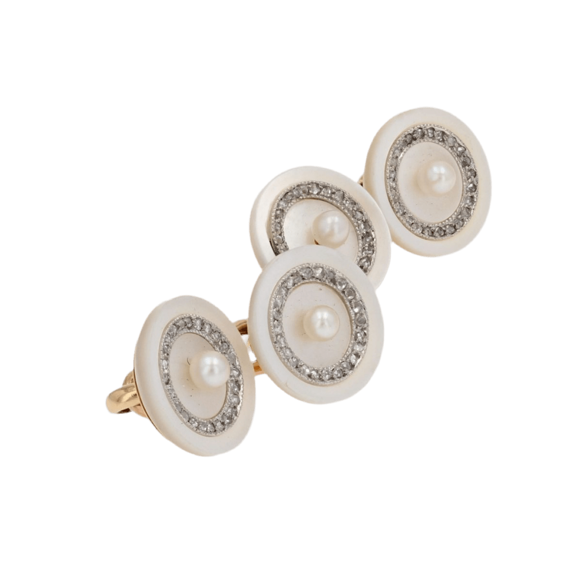 Boutons de manchettes LÉON DEVOS en or jaune, nacre, perle et diamants - Castafiore