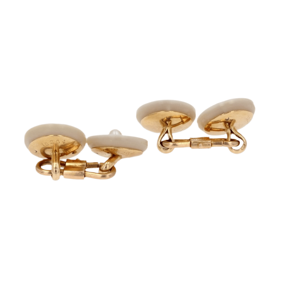 Boutons de manchettes LÉON DEVOS en or jaune, nacre, perle et diamants - Castafiore