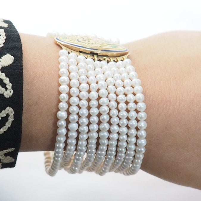 Bracelet Ancien 9 Rangs De Perles De Culture Et Or Jaune - Castafiore