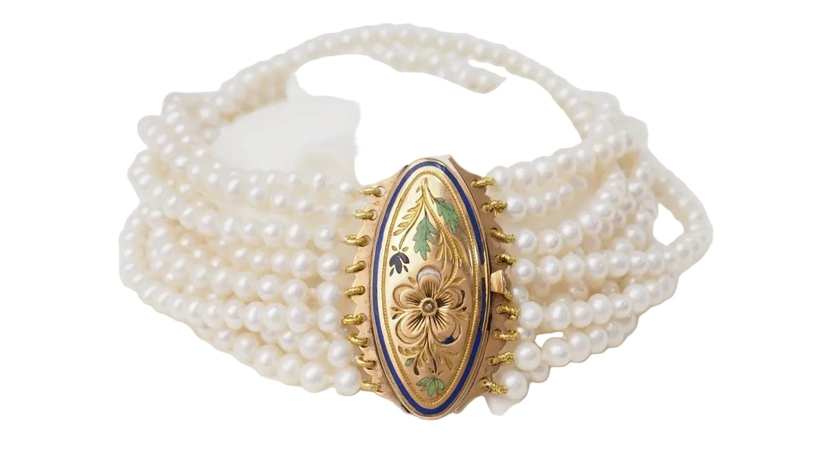 Bracelet Ancien 9 Rangs De Perles De Culture Et Or Jaune - Castafiore