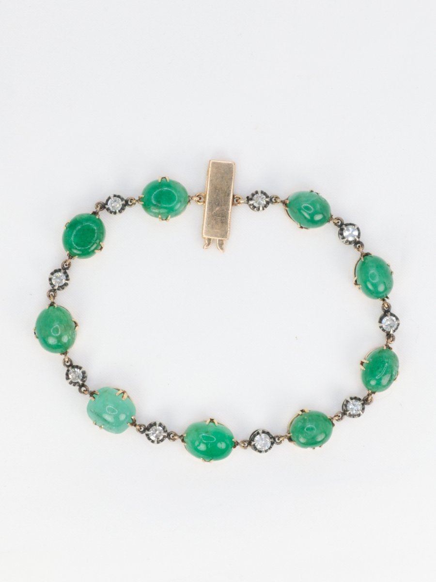 Bracelet ancien cabochons d'émeraudes or jaune diamants - Castafiore