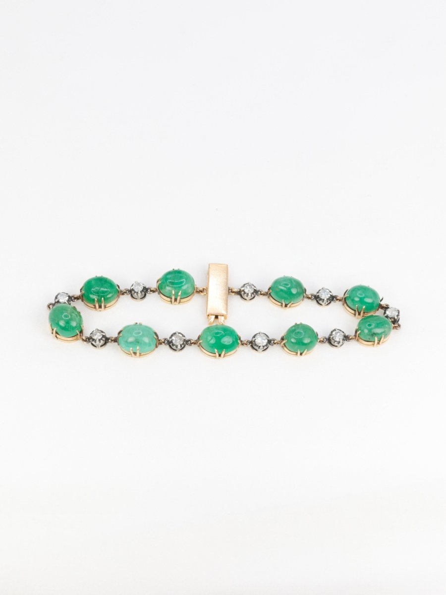 Bracelet ancien cabochons d'émeraudes or jaune diamants - Castafiore