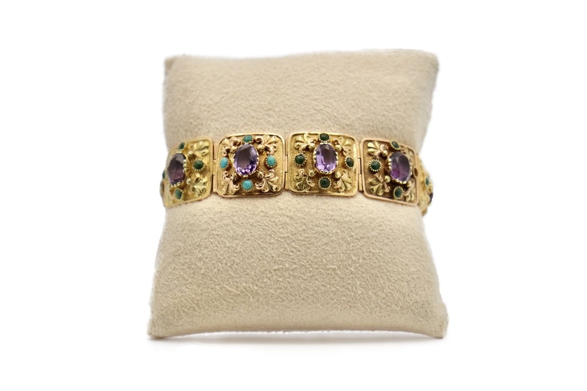 Bracelet ancien en or jaune et améthystes et turquoises - Castafiore