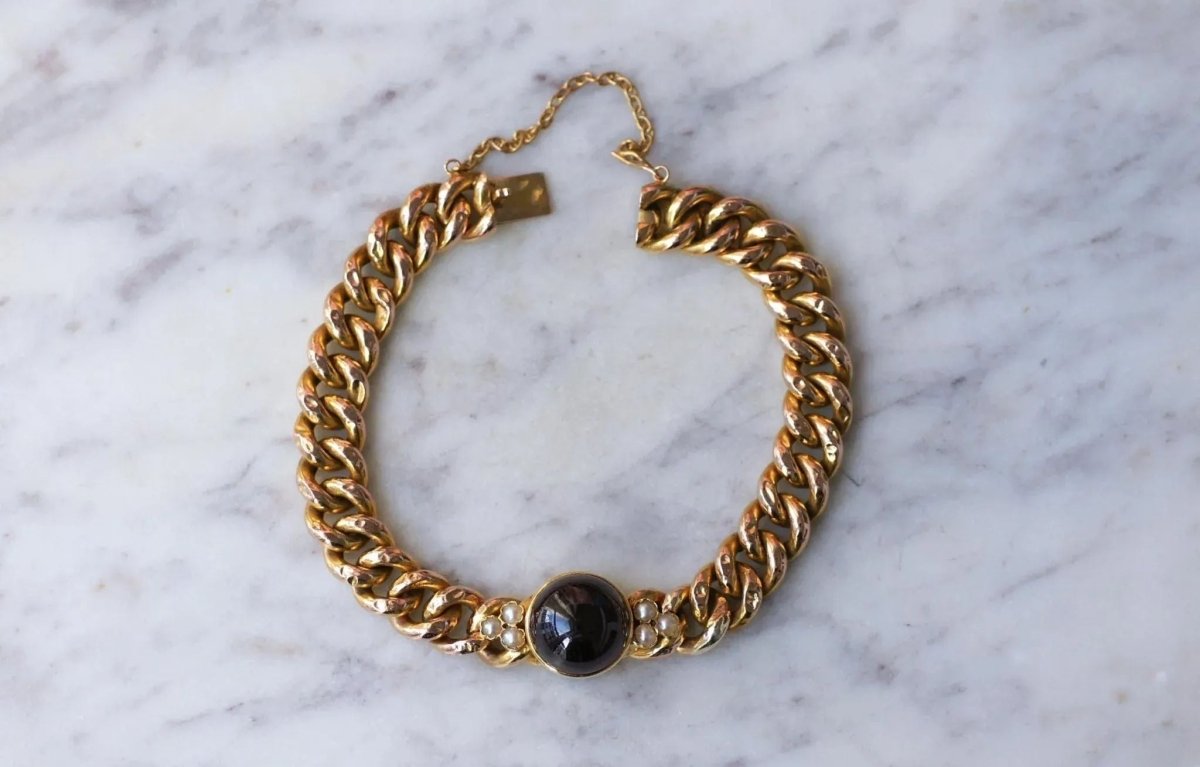 Bracelet Ancien Gourmette Or jaune et Grenat - Castafiore