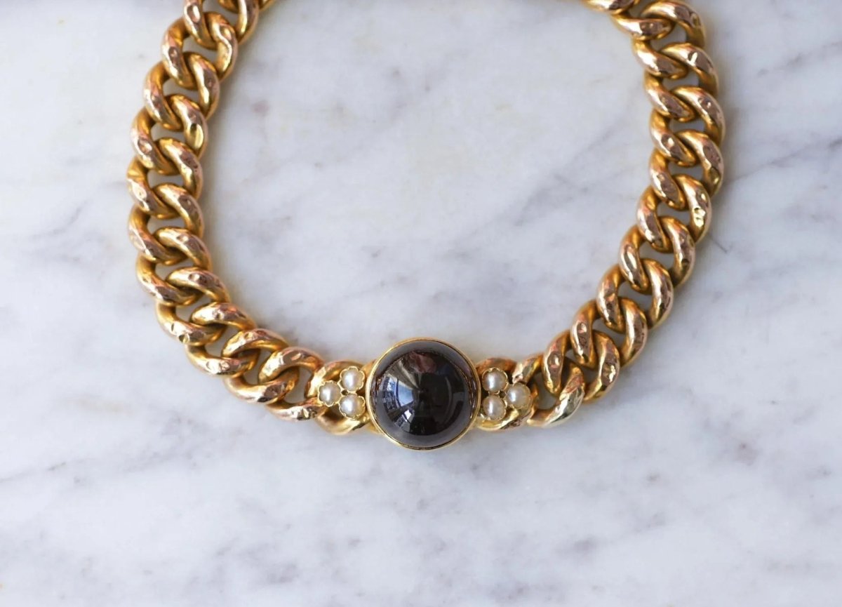 Bracelet Ancien Gourmette Or jaune et Grenat - Castafiore