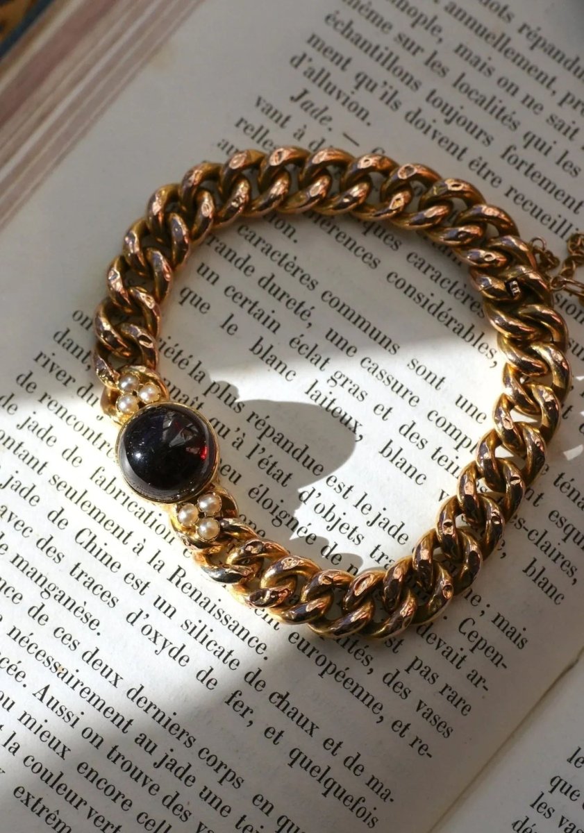 Bracelet Ancien Gourmette Or jaune et Grenat - Castafiore