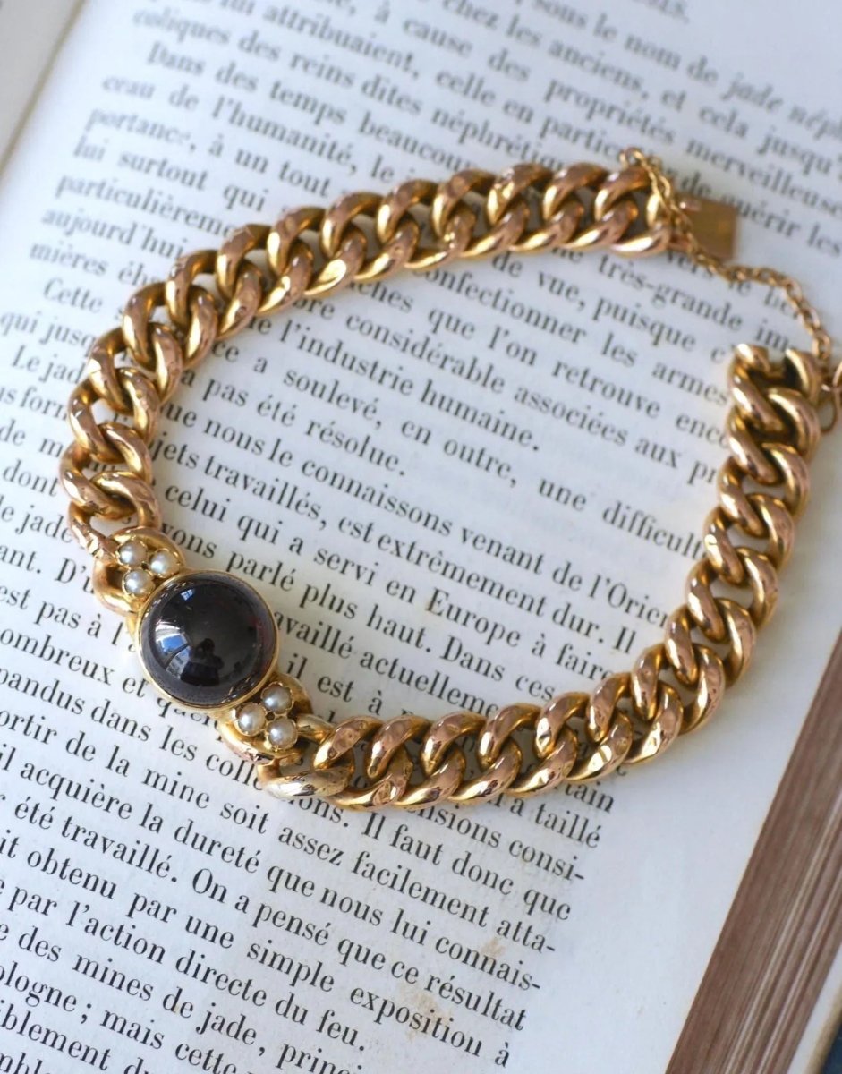 Bracelet Ancien Gourmette Or jaune et Grenat - Castafiore