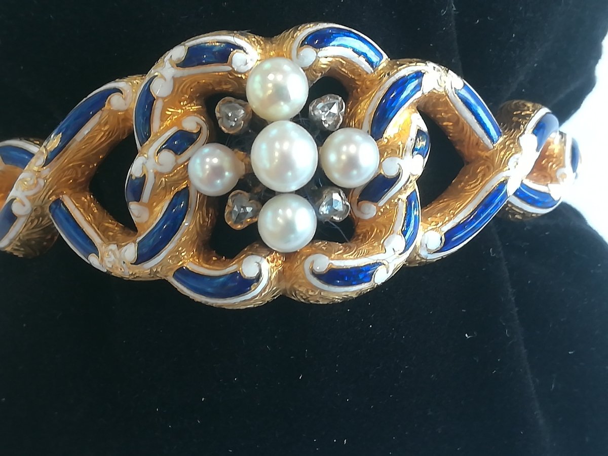 Bracelet ancien Or Email Perles Diamants - Castafiore