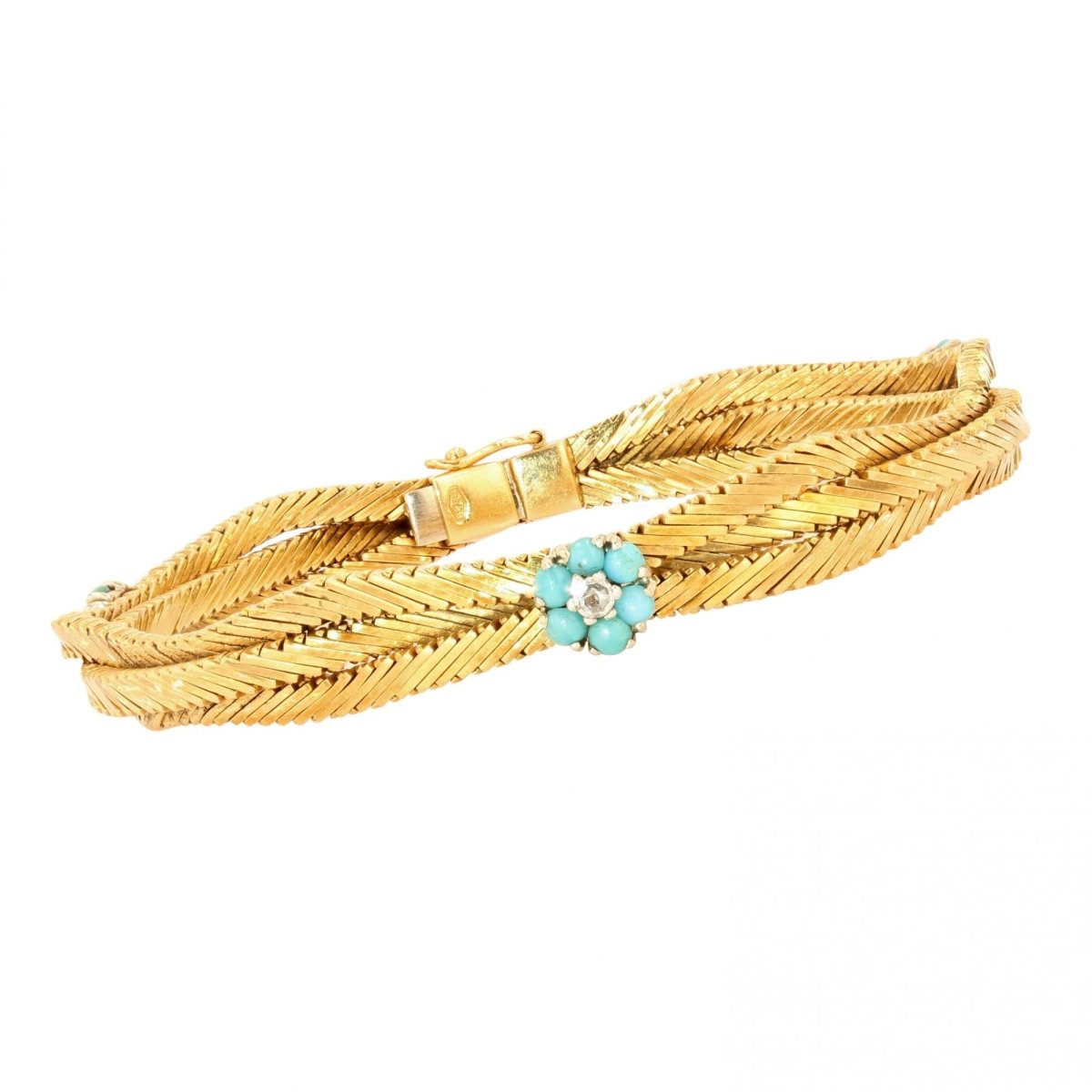 Bracelet ancien or et fleurs de turquoises et diamants - Castafiore