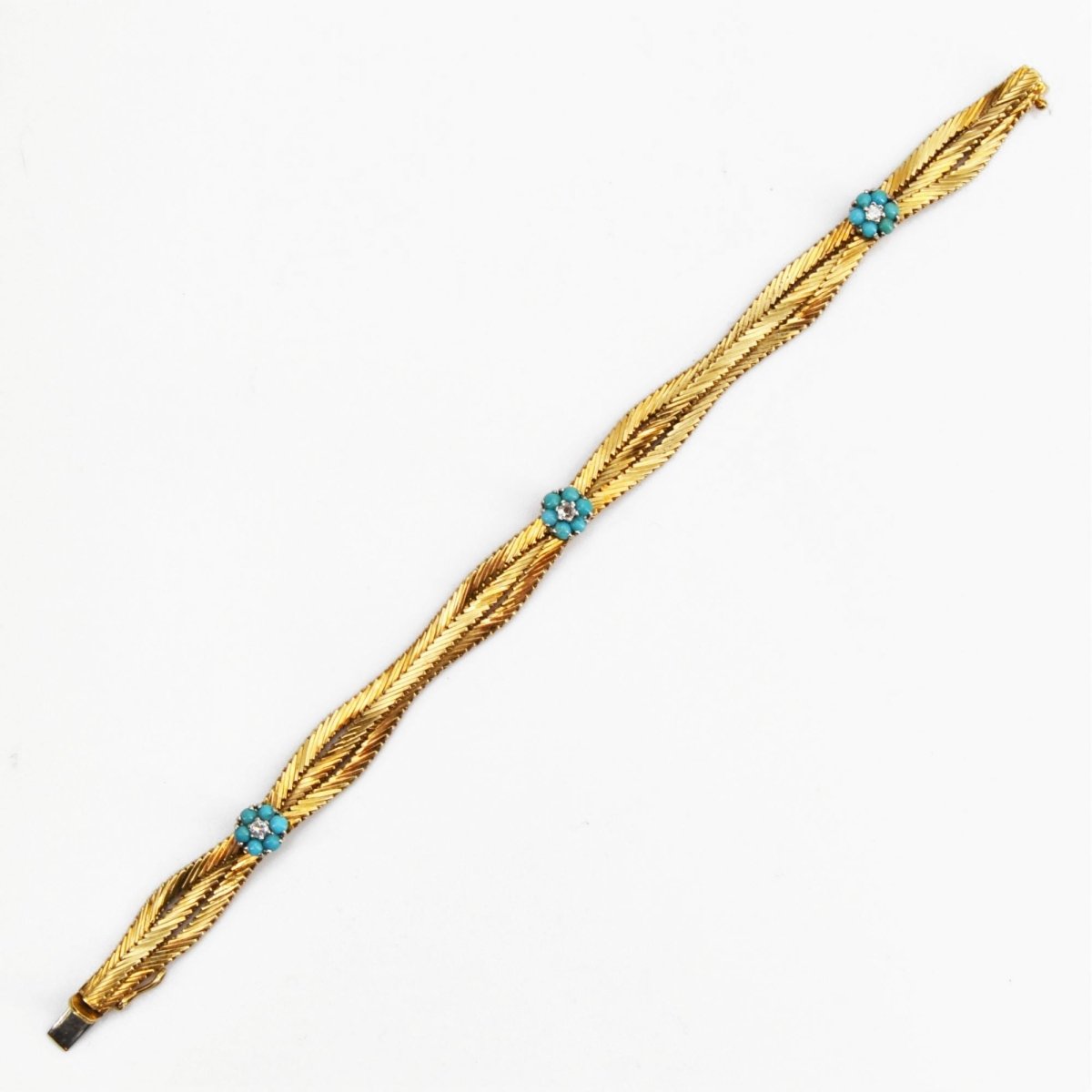 Bracelet ancien or et fleurs de turquoises et diamants - Castafiore