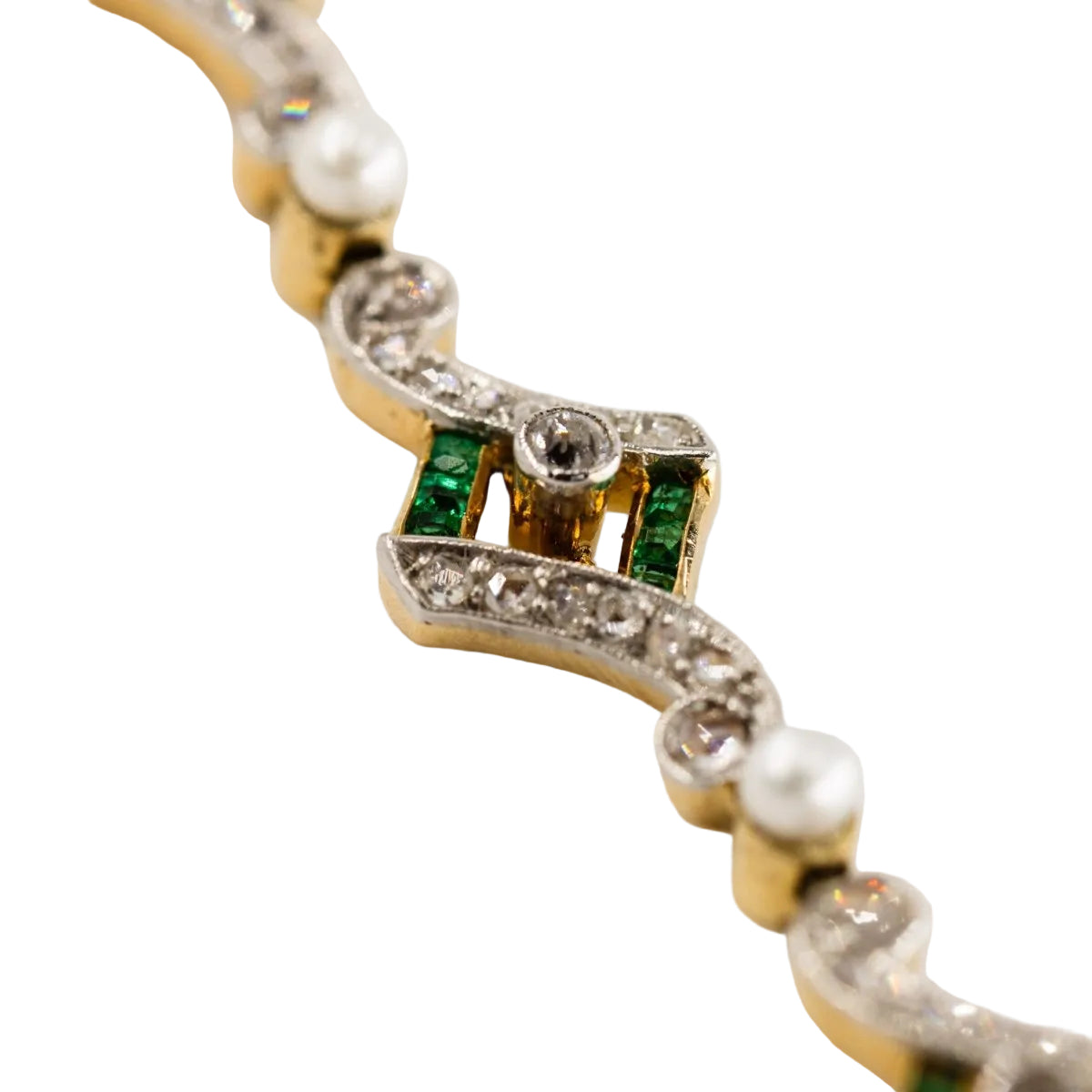 Bracelet Art Deco en or jaune, platine, perles, émeraudes et diamants - Castafiore