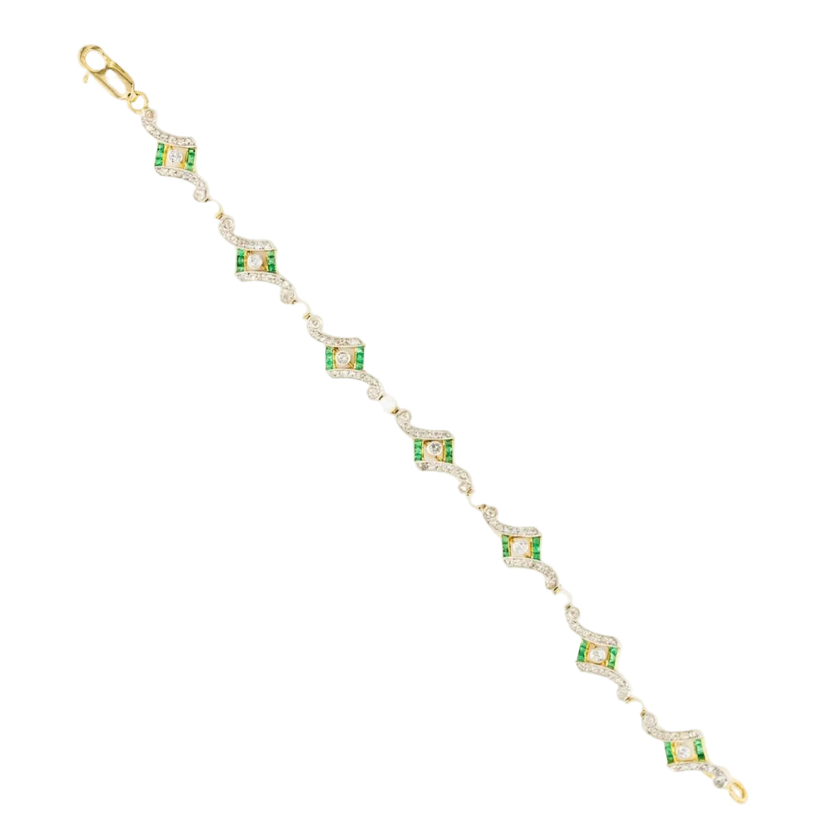 Bracelet Art Deco en or jaune, platine, perles, émeraudes et diamants - Castafiore