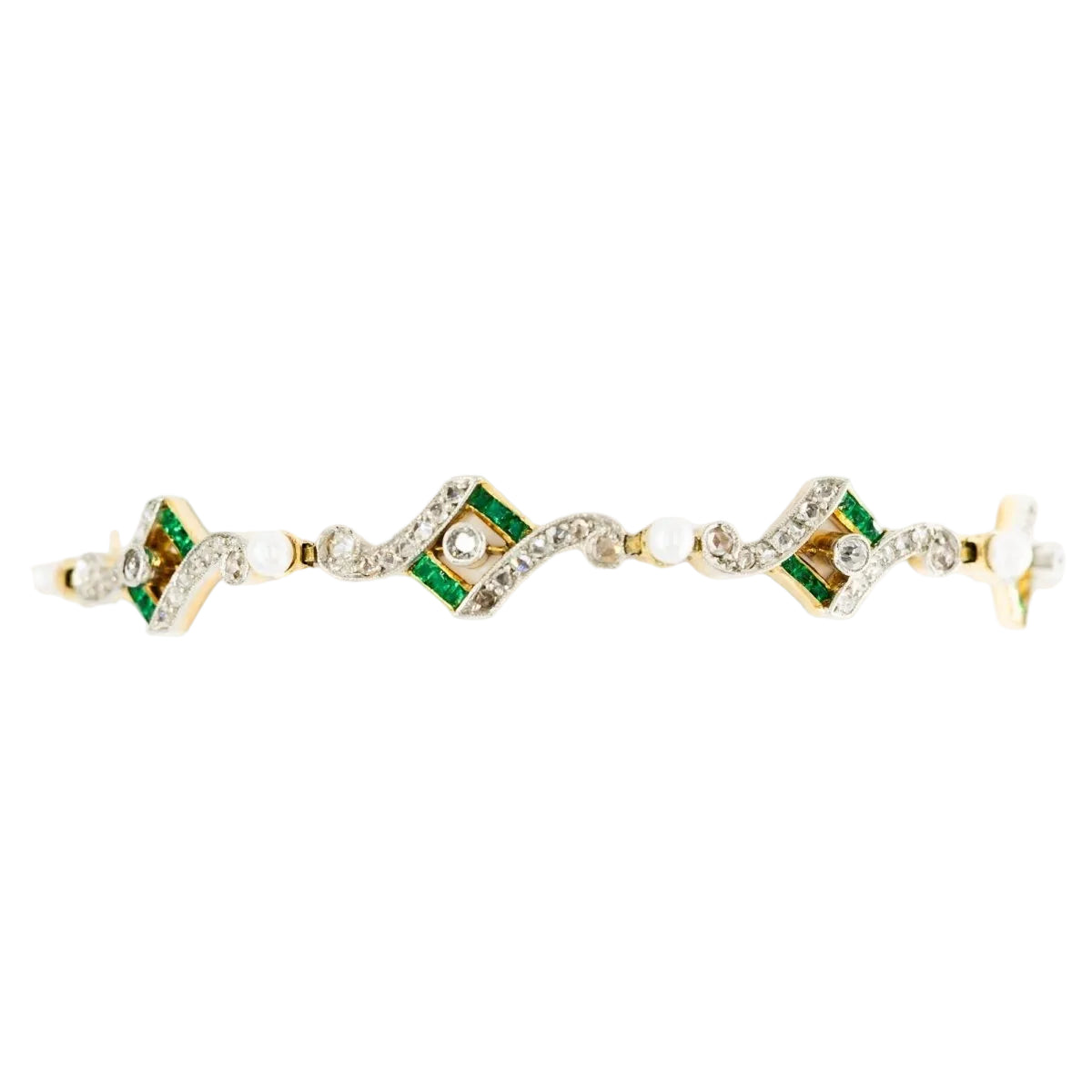 Bracelet Art Deco en or jaune, platine, perles, émeraudes et diamants - Castafiore