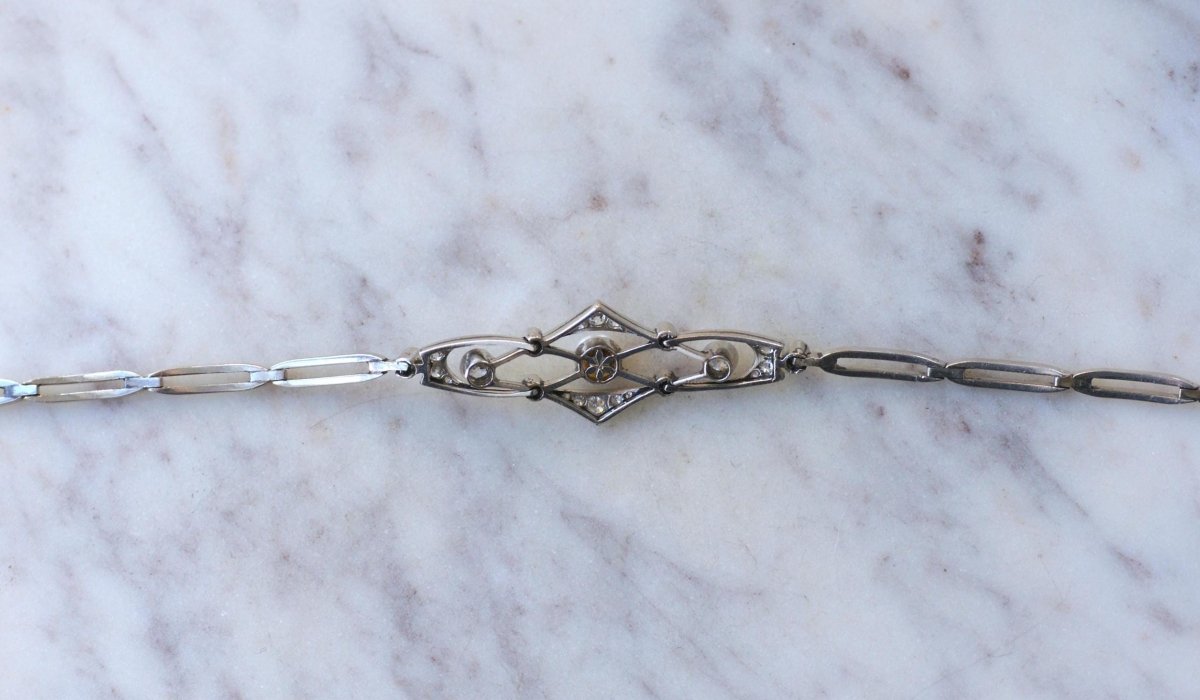 Bracelet Art Deco Perle Fine et Diamants sur Platine - Castafiore