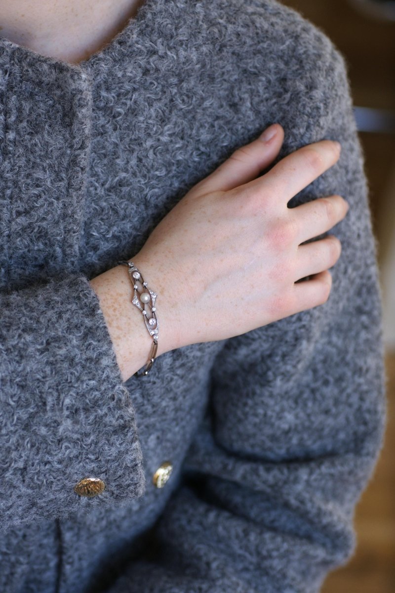 Bracelet Art Deco Perle Fine et Diamants sur Platine - Castafiore