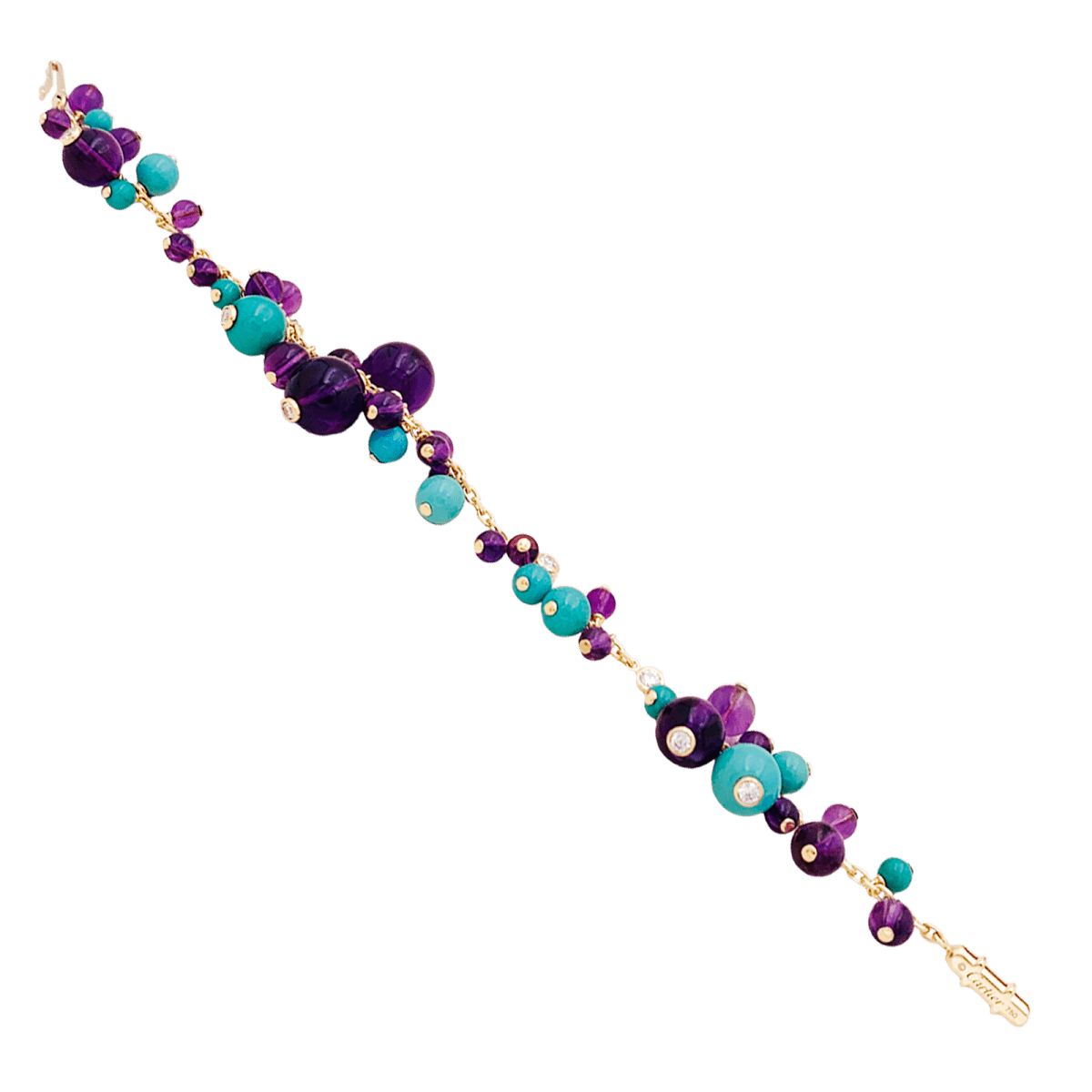 Bracelet Breloque CARTIER "Délices de Goa" en or jaune, turquoise, améthyste et diamants - Castafiore