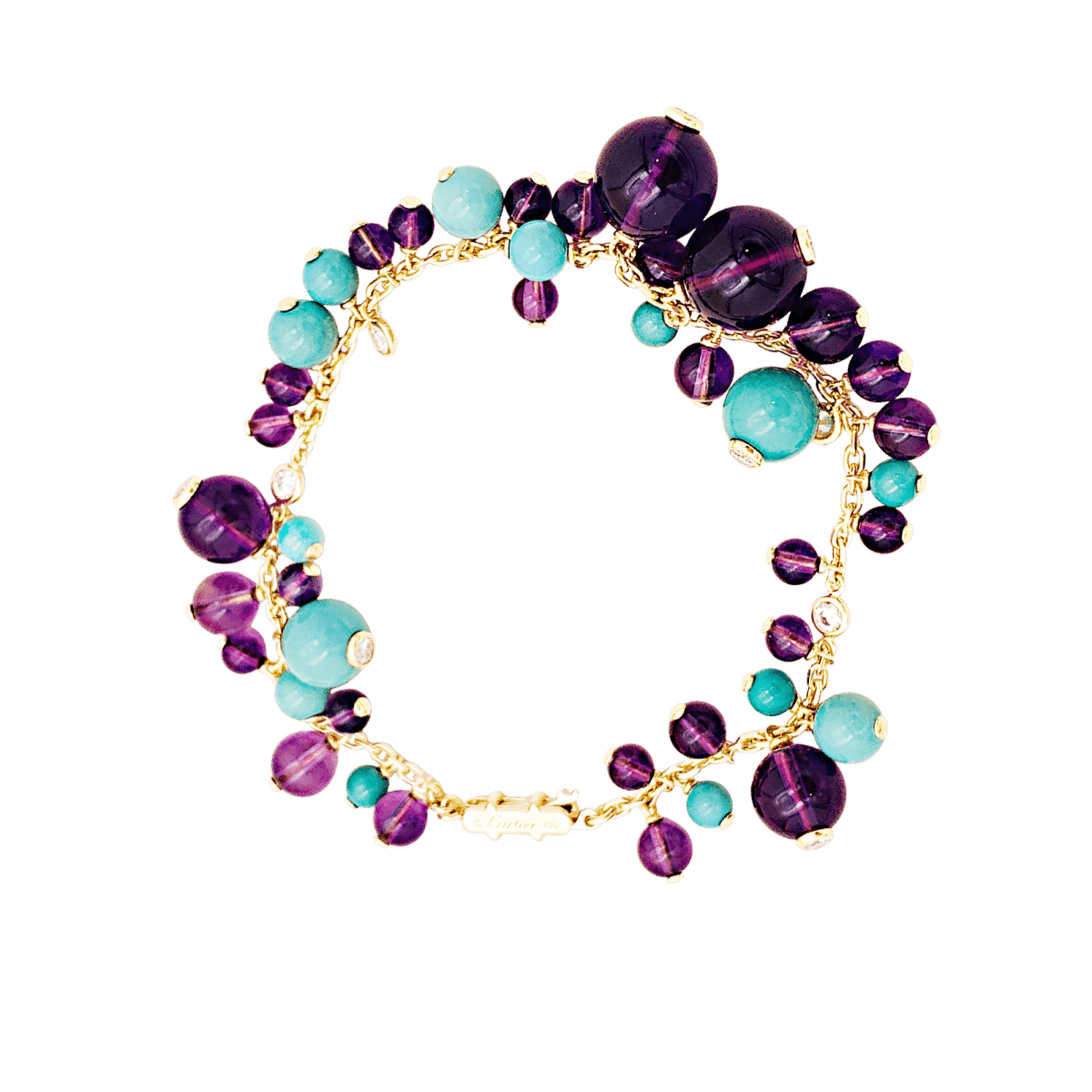 Bracelet Breloque CARTIER "Délices de Goa" en or jaune, turquoise, améthyste et diamants - Castafiore