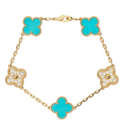 Bracelet Breloque VAN CLEEF & ARPELS "Alhambra" en or jaune, turquoises et diamants - Castafiore