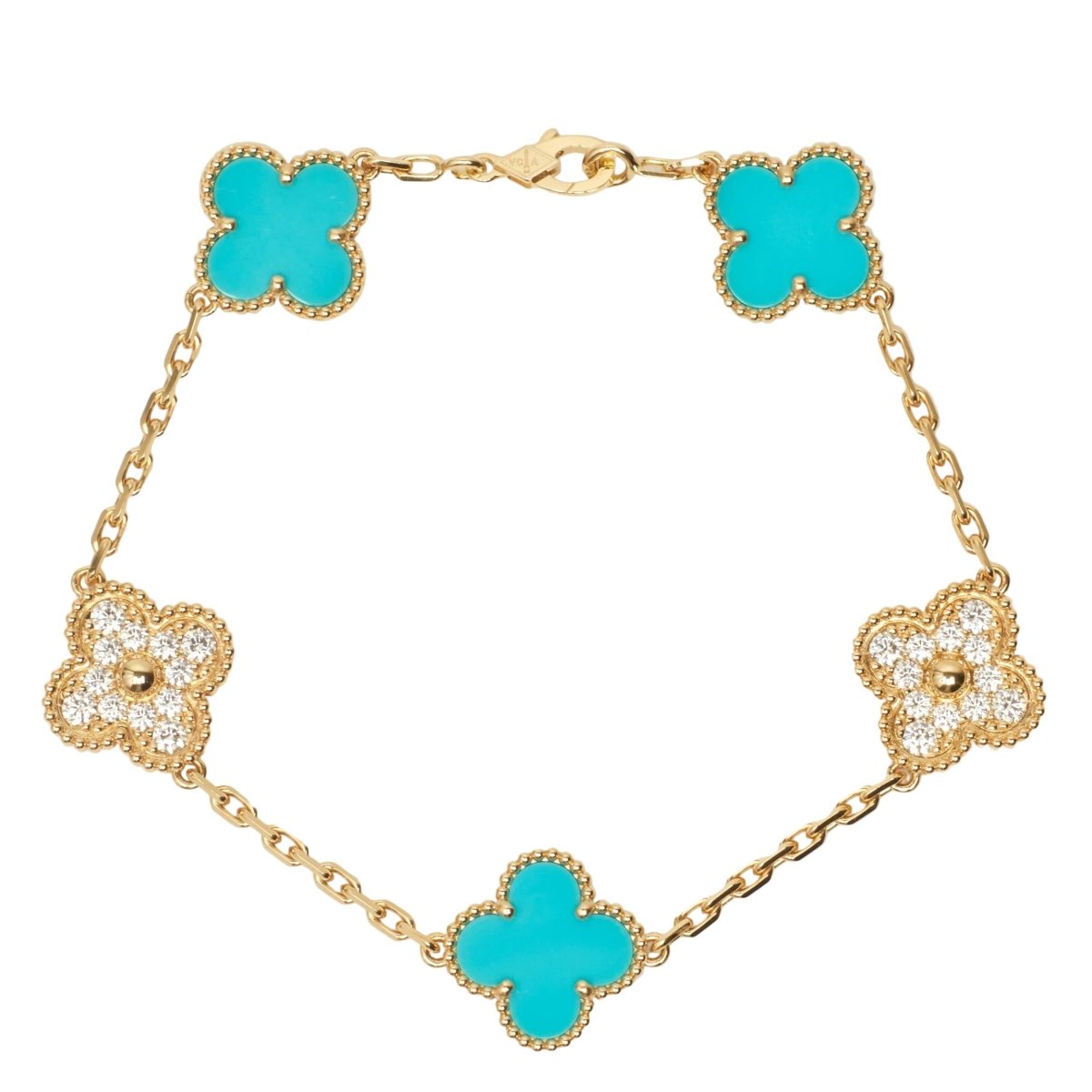 Bracelet Breloque VAN CLEEF & ARPELS "Alhambra" en or jaune, turquoises et diamants - Castafiore