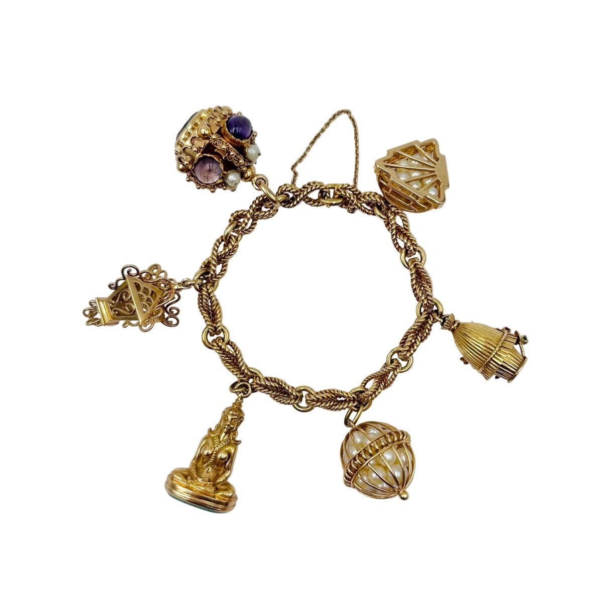 Bracelet Breloques en or jaune, améthystes, perles, amazonite, turquoise, rubis, grenat et saphir - Castafiore