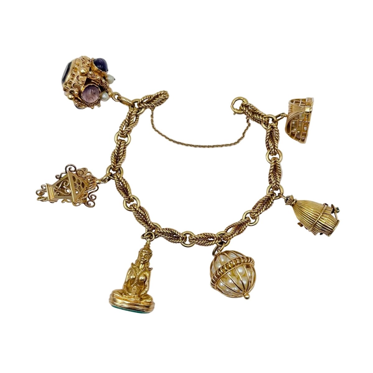 Bracelet Breloques en or jaune, améthystes, perles, amazonite, turquoise, rubis, grenat et saphir - Castafiore