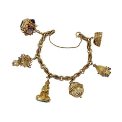 Bracelet Breloques en or jaune, améthystes, perles, amazonite, turquoise, rubis, grenat et saphir - Castafiore