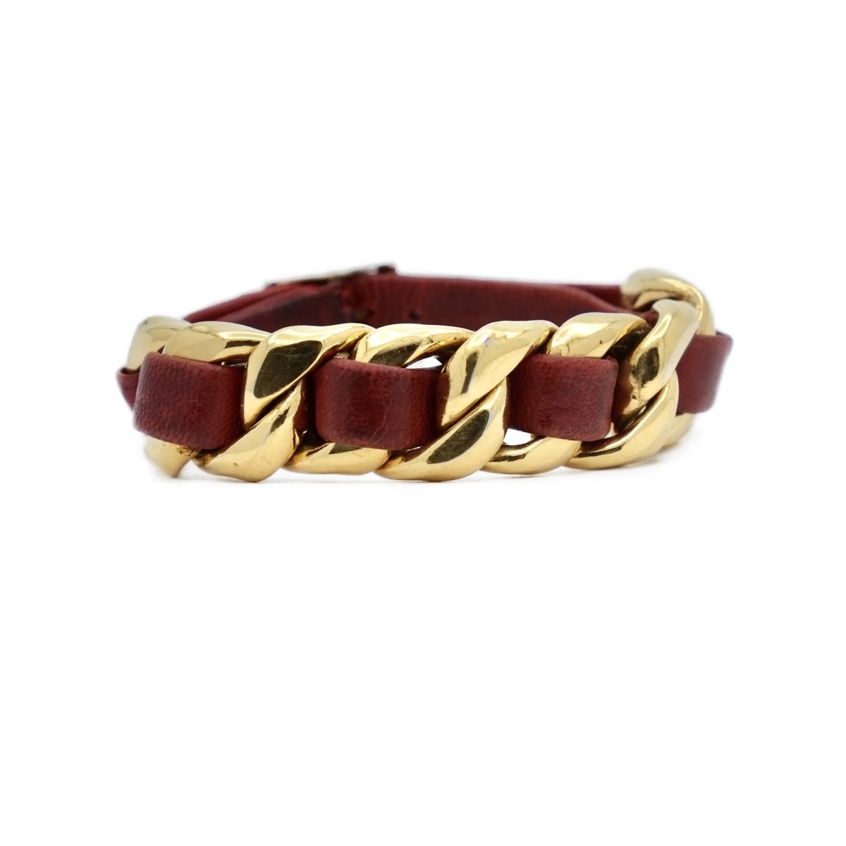 Bracelet CHANEL gourmette en métal doré et cuir - Castafiore