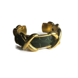 Bracelet HERMÈS Croisillons en métal doré et cuir de crocodile vert - Castafiore
