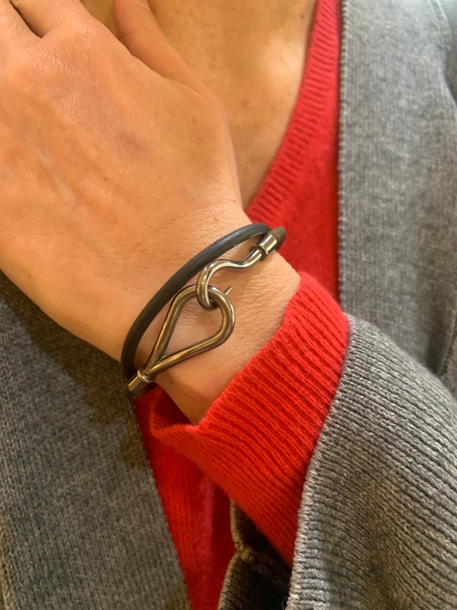 Bracelet Hermès Jumbo Double Métal Argenté Cuir - Castafiore