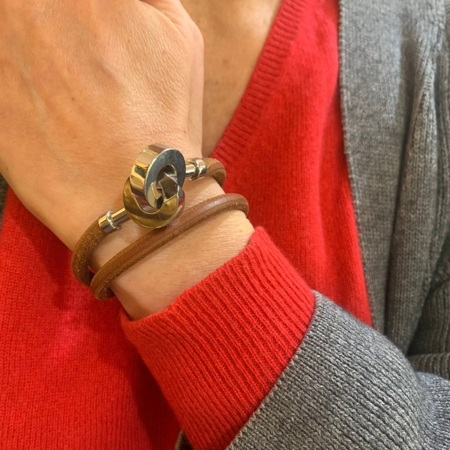 Bracelet HERMÈS Lancelot double en cuir et argenté - Castafiore