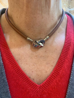 Bracelet Hermès Lancelot Double Métal Argenté Cuir - Castafiore