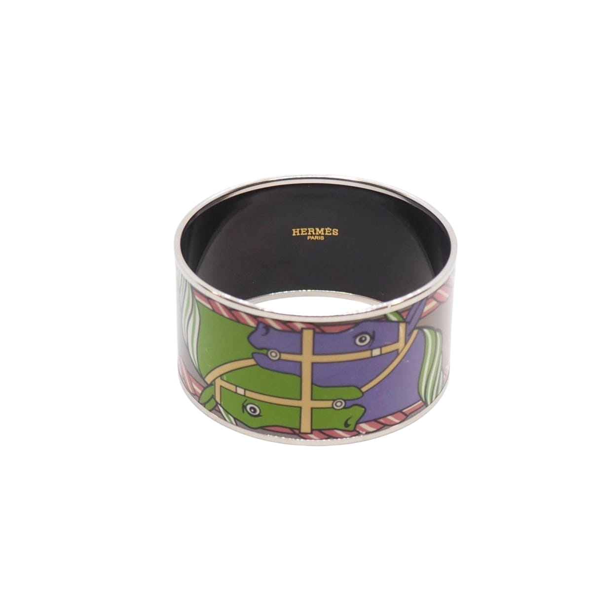 Bracelet Hermès manchette en métal argenté émaillé - Castafiore