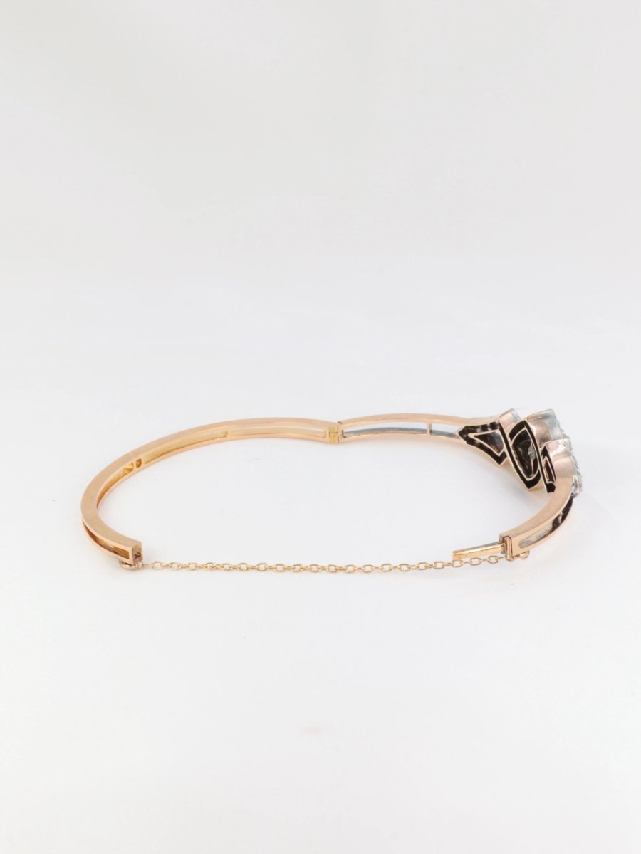 Bracelet jonc ancien fin 19ème en or rose, argent et diamants taille ancienne - Castafiore